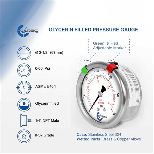 60 PSI Glycerin Liquid Filled Pressure Gauge, 2.5" Dial, 1/4 NPT Back Mount, 304 Stainless Steel Case, Brass Wetted Parts, Dual Scale PSI/Bar - ASME B40.1 Grade A - size: 0-60 PSI, style: STANDARD