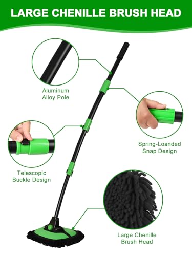 53" 15° Curved Car Wash Brush with Long Handle High Density Chenille Soft Bristle Brush Head Suitable for Cleaning Detail Roof Wheel Windshields Truck SUV RV Window