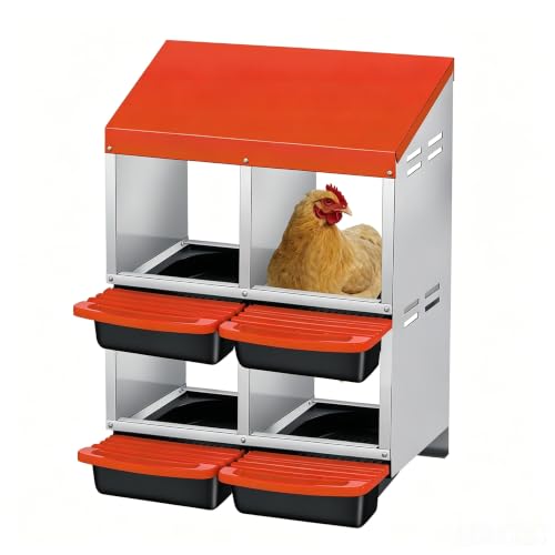 Galvanized Steel 2-Tier 4 Compartment Chicken Nesting Box with Pull Out Tray, Roll Away Nest Boxes for Laying Hens Egg Collection, Wall Mount Poultry Nest Box for Coop with Handle, Orange - color: Orange, size: 2 Tire 4 Compartments