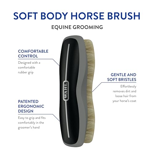Wahl Professional Animal Equine Soft Body Horse Brush, Black | Effortlessly Removes Dirt and Loose Hair, Comfortable Rubber Grip, Patented Ergonomic Design