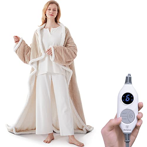 Westinghouse Wearable Heated Blanket with Foot Pocket Sherpa 50x70+18 Beige | Electric Snuggle Throw with Foot Pocket, Flannel Sherpa 6 Heating Levels & 2-10 Hours Auto Shut Off, Home Office Use - color: Beige&ivory, size: 70*50" Heated Snuggle Blanket (L