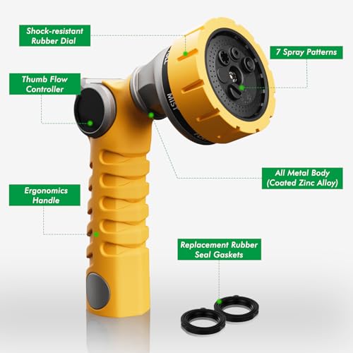 RESTMO Heavy Duty Hose Nozzle, Metal Garden Water Hose Sprayer | 7 Watering Patterns, Thumb Control, On Off Valve, Leak Proof Nozzle Sprayer for Watering Plants, Car & Pet Washing, Yellow - color: Yellow