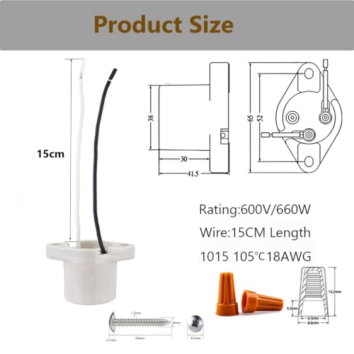 E26 Ceramic Surface Mount Socket with Flange Mount Base,5.9Inch Wire | High Temp Resistant Porcelain Light Bulb Holder,Pre-Wired Heat Resistant Fixture for Reptile Terrarium, Brooder & DIY Lamps