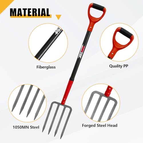 4-Tine Pitch Fork Garden Digging Fork with Fiberglass Handle 43 in | Heavy Duty Full Forged Steel Fork Head,Sturdy Fiberglass Handle,Spading Fork, Pitchfork, For Gardening, For Digging Potato