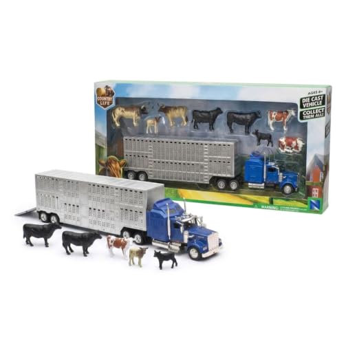 New Ray Country Life 1:43 Livestock Playset – Die-Cast Semi Truck & Trailer with 10 Cattle, Free-Wheeling Farm Vehicles, Opening Rear Door, Ages 8+, Rural Imaginative Play Set