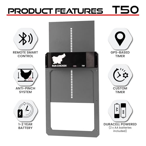 RUN-CHICKEN Door T50 – Automatic Chicken Coop Door Opener, Battery Powered & Weatherproof Aluminum, Smart App & Timer Control, Predator Proof, Easy Install, Reliable All-Season Performance (Gray)