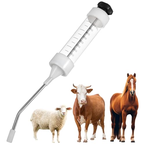 yeesport 500ml Metal Feeding Gun, Dosing Syringe for Cattle Sheep Horses | Adjustable dosing with scale; curved nozzle protects mouth; ergonomic grip; easy disassembly for cleaning; for pigs too