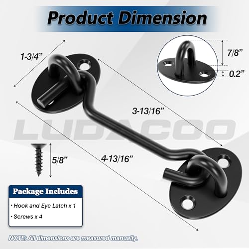 4" Hook and Eye Gate Latch, Sturdy Thickened Barn Door Lock Door Latch Hardware for Gates, Windows, Fences, Cabinets, and Sheds, Black, 1 Pack - size: 4 Inch