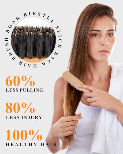 100% Boar Bristle Slick Back Hair Brush | Natural Peach Wood Handle | Restores Shine, Controls Frizz, Smooths Flyaways | Teasing Adds Volume Styling Tool | For Sleek Ponytails, Buns & Beard Grooming