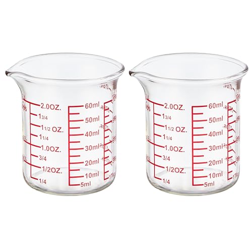 Ackers BORO3.3 2 oz Glass Measuring Cups with V-Shaped Spout, 2 Pack | 5-60 ml range with printed fl oz, tsp, tbsp and cup scales on 3.3 borosilicate glass for kitchen and bar prep - size: 60 ML (2 Oz)-Pack of 2