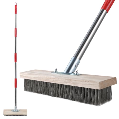 Mitclear Heavy Duty Wire Broom with Telescopic Handle(57IN), Stiff Metal Bristle Brush for Removing Weed Moss, Outdoor Floor Scrub Brush for Patio, Deck, Garden, Concrete, Garage