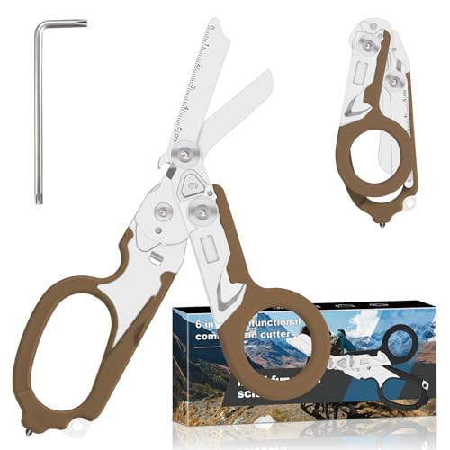 6-in-1 Heavy-Duty Emergency trauma shears (Bean Sand Colour) | Multifunctional Life-Saving Tool|Suitable for Emergency Rescue|Outdoor Exploration|DIY Construction and Maintenance - color: Bean Sand Colour