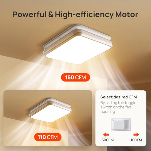 Consciot Bathroom Exhaust Fan with Light, 110/160CFM 1.0 Sones, 40W Household Ventilation Fan for Home, 1500lm Dimmable LED Light 3000K/4000K/5000K Selectable & Nightlight, White - style: 110/160 CFM
