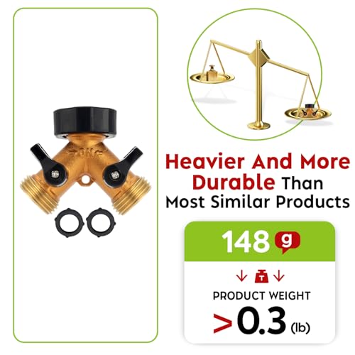 Brass Hose Y Connector Brass Garden Hose Adapter, Garden Hose Splitter 2 Way Heavy Duty, Hose Bib Splitter with 2 Extra Rubber Washers - style: 2 Way-1PC