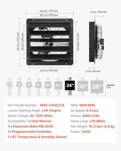 VEVOR 24 inch Exhaust Fan, Wall Mounted Attic Fan with Variable Speed, Temperature & Humidity Controller, 4800 CFM, Automatic Shutter - size: 24 Inch