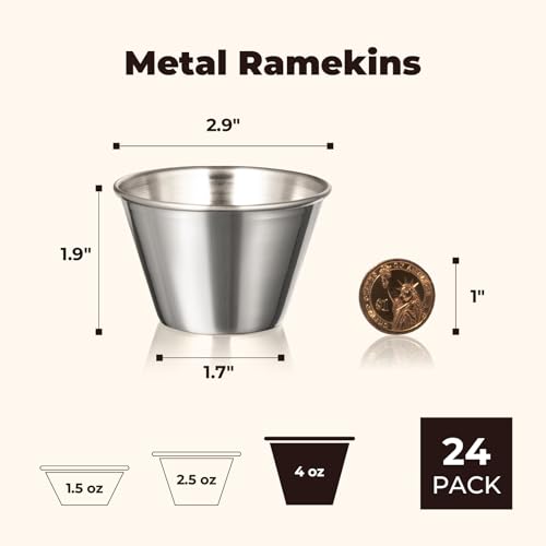 Fit Meal Prep [24 Pack 4 oz Stainless Steel Dipping Sauce Cups, Reusable Metal Ramekins, Commercial Grade Condiment Bowls, Individual Portion Cups, Small Round Au Jus Cup for Home, Restaurant - size: 4 oz