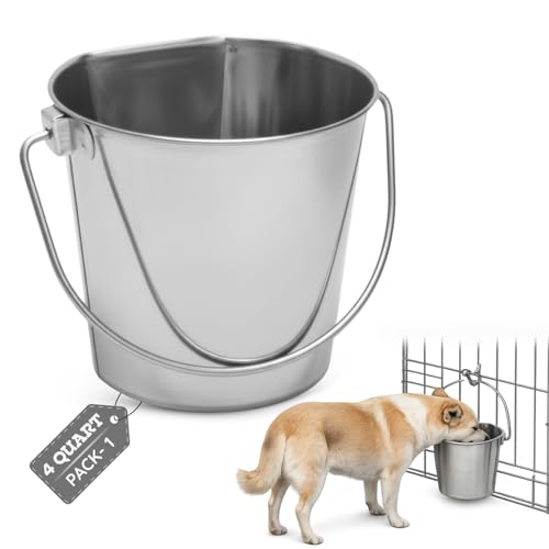 4 quart Stainless Steel Flat Side Bucket | 1 gal Durable Heavy Duty Food & Water Feeding Pails for Birds Dogs Cats Goat | Fits kennels Cages Critter Crates Hanging Pet Pail | Multipurpose - size: 4 Quarts