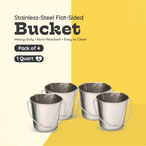 Flat Sided Stainless Steel Hanging Bucket, 1 Quart (0.25 Gallon), 4 Pack, Heavy Duty Kennel Cage Food & Water Pail for Small Dogs, Cats, Birds & Pets, Durable, Easy to Clean Feeder - size: 1 Quart (Pack of 4)