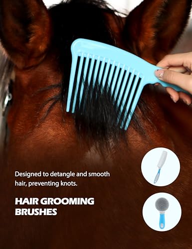 Harrison Howard Complete Horse Grooming Set, 11-Piece Advanced Daily Grooming Tools with Extra Brushes for Full Horse Care Blue Brushstroke Ponies - color: Blue