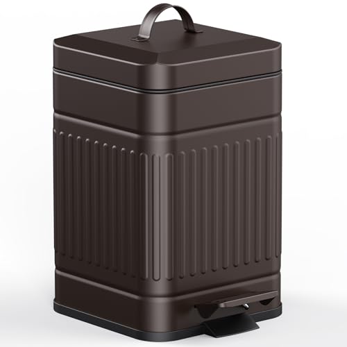 CEROELDA Small Trash Can with Lid-5L/1.3 Gal,Stainless Steel Outdoor Dog Poop Garbage Can-Farmhouse Retro Metal Waste Bin w/Step Pedal for Bathroom Bedroom Office-Soft Close-Brown - color: Brown
