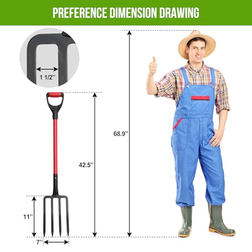 4-Tine Garden Pitch Fork, 44-Inch Heavy Duty Digging Fork for Soil Loosening, Compost Turning & Mulch Moving – Ergonomic Fiberglass Handle Garden Fork - size: One Piece Fork 42.5Inch