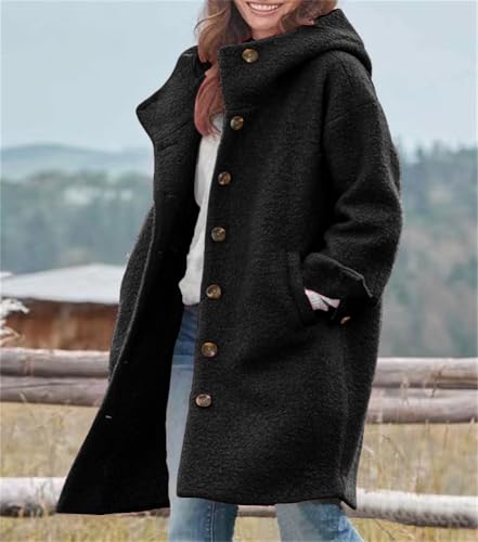 chouyatou Women's Winter Single Breasted Long Wool Coat with Hood Casual Wool Blend Trench Coat Jacket - color: Black, size: Large