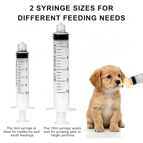 Pet Feeding Syringe with Silicone Nipples | Kitten Syringe for Feeding Newborn Kittens, Puppies, Rabbits and Small Animals (5ml+10ml +10 Silicone Nipples) - color: Ivory