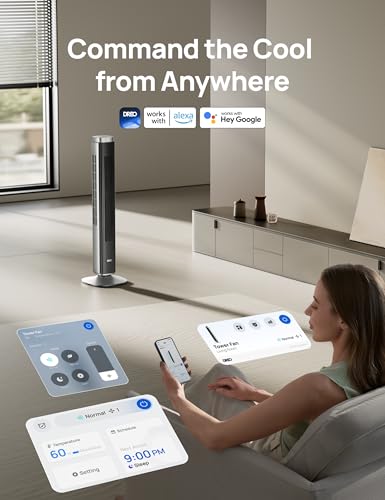 DREO Smart 42'' Tower Fan for Bedroom, 12 Speeds, 20dB Quiet Standing Fan | 40ft Far Airflow, 28 ft/s Cooling Airflow, 12 Speeds, 4 Modes, 90° Oscillating Fans for Indoors, 12H Timer, DC Motor