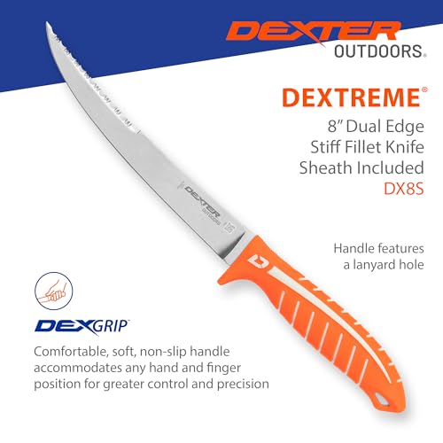 Dexter Outdoors Dextreme Dual Edge 8" Stiff Fillet Knife with Sheath | Stiff dual edge high-carbon stainless blade for firm control on big fillets. Protective sheath included for transport. - style: 8" Dual Edge Stiff