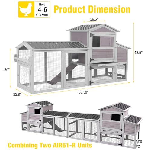 Aivituvin Chicken Coop with Run and Wheels, Mobile Outdoor Hen House Wooden Poultry Cage with Waterproof Roof (Grey, AIR61) - color: Grey, size: AIR61