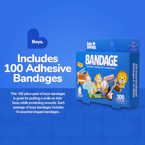 BioSwiss Bandages, Assorted Animal, Fun and Food Shaped Self Adhesive Bandage, Latex Free, Sterile Wound Care, 100 Count - size: 100-Count Box, style: Boys Assorted