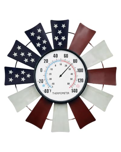 Patriotic Windmill Outdoor Thermometer, 13" Metal Wall Decor | 6.3" Easy-Read Dial, Auto-Calibrating Sensor Coil, Battery-Free Operation, -40°F to 140°F Range, Weather-Resistant