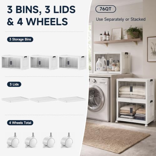 OlarHike 76QT Storage Bins with Lids for Home, Office, Closet, Dorm, 3 Pack | Multi-Lid, Lockable Cabinet, Doors & Wheels, Foldable, Collapsible, Stackable Organizers, Plastic Drawers, Containers, School - size: 76QT-White