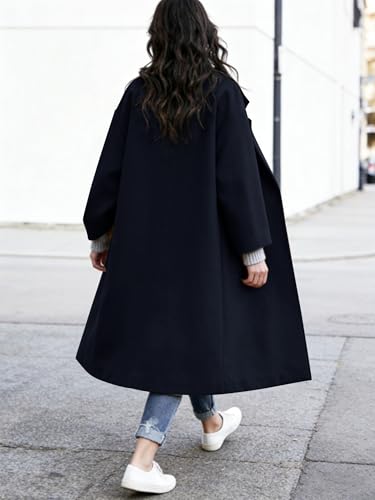 Women's Winter Wool Coat Notch Lapel Single Breasted Casual Mid Long Pea Trench Coat - color: Navy, size: Small