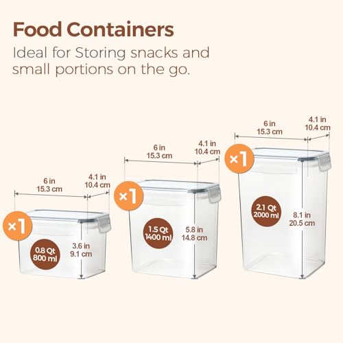 ComSaf Airtight Food Storage Containers with Lids 0.8/1.5/2.1Qt 3Pack | Plastic Canister, Flour Sugar Cereal Pasta Rice Oats Coffee Snacks, Pantry Kitchen, Label, Scoop, Stackable, BPA-free, Clear - size: 2.1Qt/1.5Qt/0.8Qt-Rectangle