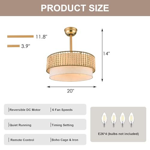 20" Gold Fandelier Ceiling Fan with Lights Boho Caged Ceiling Fan | Small Enclosed Fabric Chandelier for Bedroom Nursery Living Room, Reversible DC Motor 6 Speeds, 4 E26 Bulbs (Not Included) - color: Double Layer