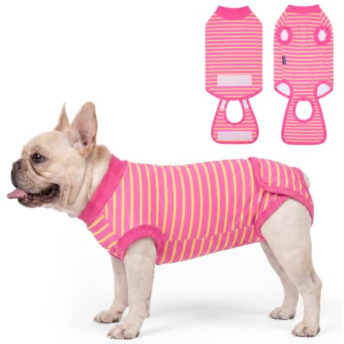 cyeollo Dog Surgery Recovery Suit, Surgical Onesie for Female & Male Dogs | Prevents Licking, Cone Alternative, Ideal After Spay & Neuter, Protects Surgical Wounds, Easy Potty Access, 4-Way Stretch - color: Fuchsia Stripes, size: X-Small (Back: 9"-11")