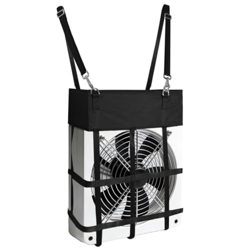 Box Fan Bag for Horse Stall – Heavy Duty Nylon Hanging Fan Holder for 20" x 20" Box Fans, Mesh Ventilated Cover with Snap Strap Hangers for Barn, Stable, Trailer, Farm, Livestock (2 Pack) (Black)