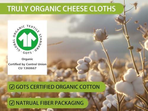Organic Cheesecloth Bulk,GOTS Certified,10Pack, 20x20” Hemmed Cheese Cloths | Reusable Fine Mesh Cloth Fabric, 100% Cotton Unbleached Muslin Grade 100 Bulk Cheesecloth Roll for Straining, Cooking, Yogurt