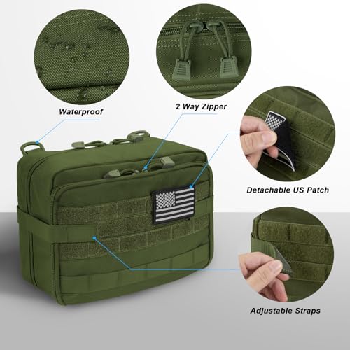 Jueachy Tactical Molle Pouch Large Admin Bag Utility Tool Pouches Molle Attachment EDC Pouches Expandable Molle Accessories Organizer Medical Pocket U.S.A Patch Included - color: Green