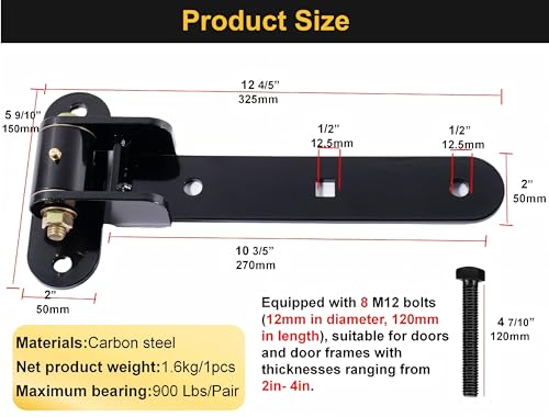 13” Heavy Duty Gate Hinges,900 LBS Load Capacity, Thickened Solid Steel | 180°Open or 90°in/Out Swing,Black Hinges With 8Bolts,Smooth operation,Bolt/Weld On Wood/Metal Garden Fence Shed Barn Gates - size: Large-8Bolt