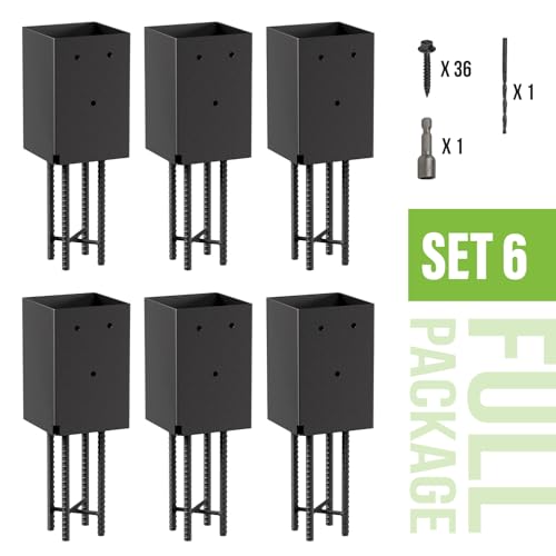 6 Pack 4x4 Metal Post Base Holder Bracket for Concrete Deck (Black) | Internal 3.5"x3.5", Post Anchor Brackets Ground Spike, For Concrete Deck, For Wood Fence, Railing, Pergola, Porch - size: 4IN, style: 6Pcs