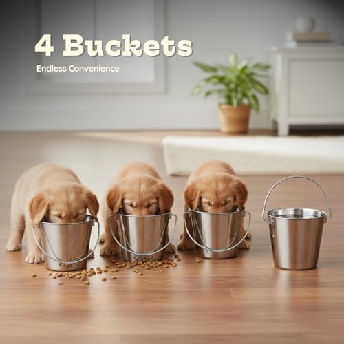 2Qt Stainless Steel Hanging Water Bucket for Dog Kennel 4-Pack | Food & Water Pail, Half Gallon Capacity, Heavy-Duty, Round Design with Carry Handle, Ideal for Dogs, Cats, Birds & Small Pets - size: 2 Quart (Pack of 4)
