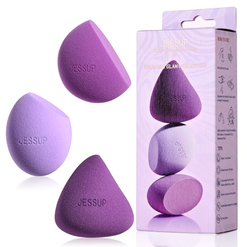 Jessup Multi-Shaped Makeup Sponge Set, Reusable Beauty Sponge Blender SP017 | Latex-Free, Ultra-Soft, Low-Waste, Easy-Clean, Flawless Blending, Precise Application for Foundation Concealer and Powder - color: Purple 3-pcs Set