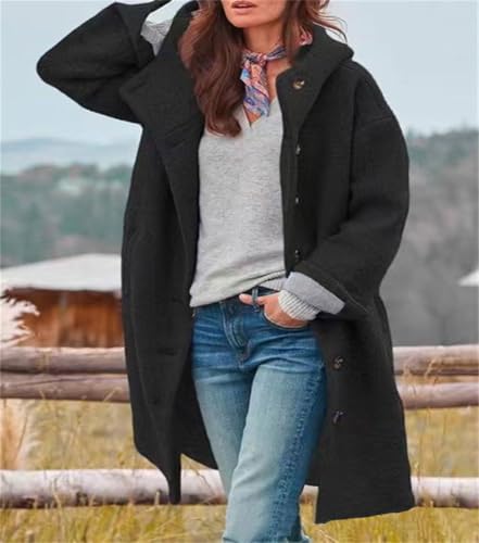 chouyatou Women's Winter Single Breasted Long Wool Coat with Hood Casual Wool Blend Trench Coat Jacket - color: Black, size: Large