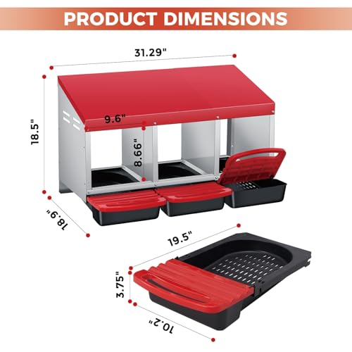 Garvee 3-Hole Roll Away Egg Collection Chicken Nesting Box | Galvanized Steel Nest Box for Laying Eggs - color: Red, size: 3 holes