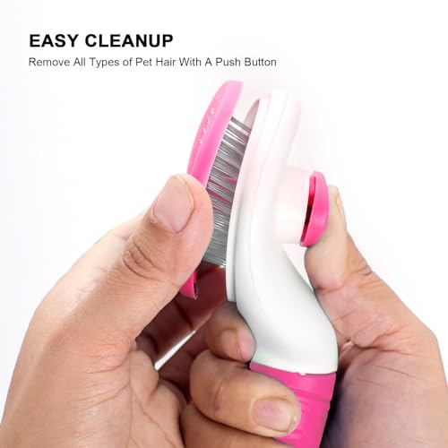 Aogeili Self-Clean Slicker Brush, Deshedding Comb for Dogs Cats Rabbits | One-Click Release Removes Loose Undercoat, Mats & Tangles, for Long & Short Hair Shedding Pets - color: Pink