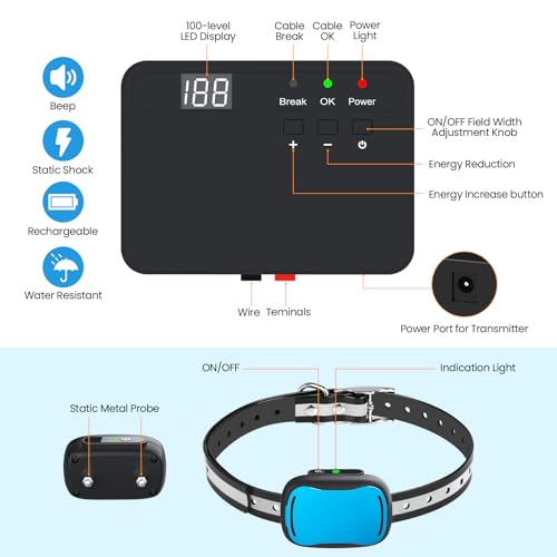 Electric Fence for 2 Dogs, Underground Dog Fence System | 2 Rechargeable Collars, Waterproof, for Small Medium and Large Dogs