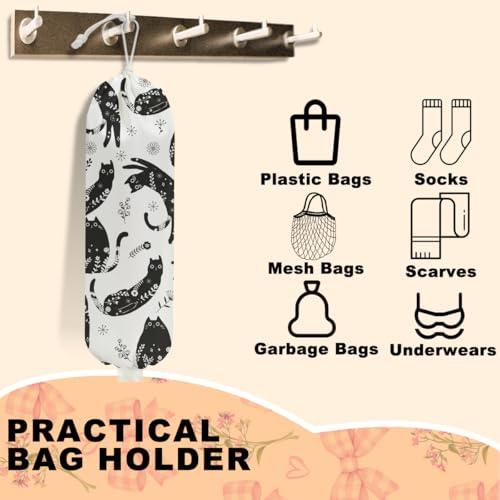 Black White Floral Cat Plastic Bag Holder, Wall Mount Grocery Bag Holder | Plastic Bags Storage, Vibrant Cats Reusable Grocery Bags Storage Dispenser for Home Kitchen Decor, Cat Lover Gifts for Women - color: Interesting black cat