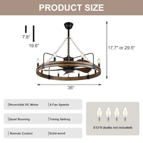 36" Wagon Wheel Chandelier with Fan 8-Lights Farmhouse Chandelier | Rustic Chandelier Ceiling Fan with Lights and Remote, for Dining Room Bedroom Living Room, Reversible Quiet DC Motor 6 Speeds - color: 36" Wagon Wheel